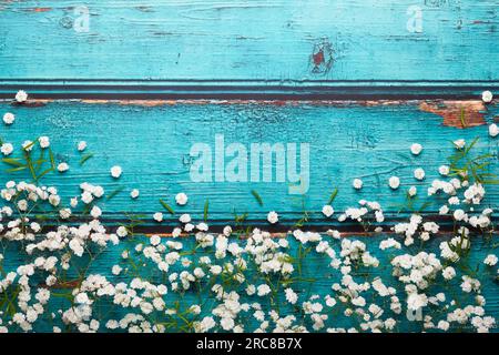 Composizione di fiori bianchi su sfondo di legno vintage blu con spazio per le copie. Stile piatto, vista dall'alto, stile minimalista. Foto Stock