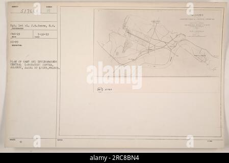 Disposizione del campo e dintorni del Centro centrale di ospedale laboratorio in Allerey, Saone et Loire, Francia. La fotografia fa parte del soggetto 444-19 ed è stata scattata dal Sgt. 1st cl. J.G. Jones. Gli è stato assegnato il numero di rilascio della descrizione S 1-22-19. L'immagine mostra un piano del campo e menziona la costruzione dell'Hopital Americ Tarn Ethnet. Foto Stock