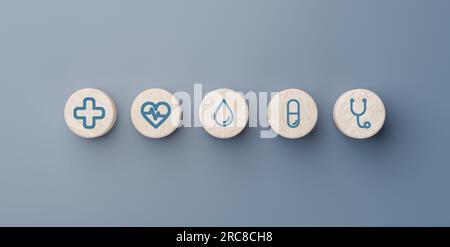 banner di assicurazione medica. icona medica sanitaria su cubi di legno. Forma del cubo del blocco di legno con icona sanità medica, assicurazione per il vostro conce di salute Foto Stock