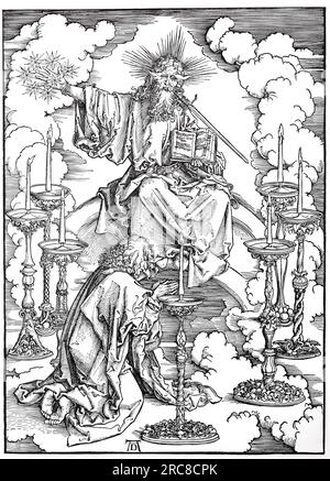 L'Apocalisse, St. Visione di Johns di Cristo e dei sette candelabri, tagliati in legno da Albrecht Dürer, riproduzioni storiche e digitali migliorate di un vecchio taglio di legno Foto Stock