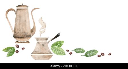 Acquerello composizione disegnata a mano con caffè pentola di rame, cezve, jute sacchetto fagioli foglie cannella bastoni. Isolato su sfondo bianco. Per gli inviti Foto Stock