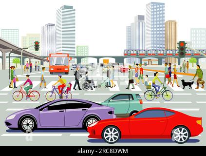 Silhouette urbana di una grande città con traffico e pedoni, panorama, illustrazione Foto Stock