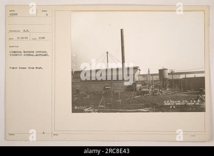 Foto della Power House all'Edgewood Arsenal nel Maryland, scattata nel 1918. L'immagine cattura l'edificio della Power House da ovest. La foto era numerata 60355 ed è stata scattata dal fotografo S.C. REC il 19 febbraio 1921. La descrizione menziona anche un simbolo, preso nel 1918, e note di Hughes Co.' Foto Stock