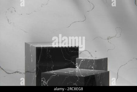 Parete in marmo grigio e podio in una stanza soleggiata. Rappresentazione 3D. Foto Stock