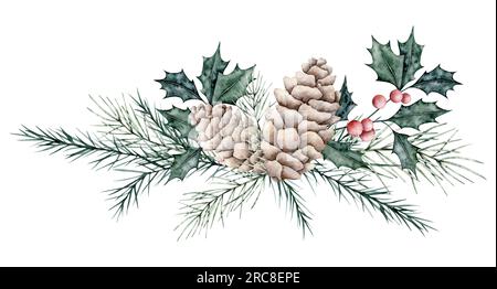 Bouquet natalizio di rami di ilex con bacche rosse e ramoscello di abete rosso, albero sempreverde, cono di pino. Emerald holly se ne va. Banner botanico Winterberry Foto Stock
