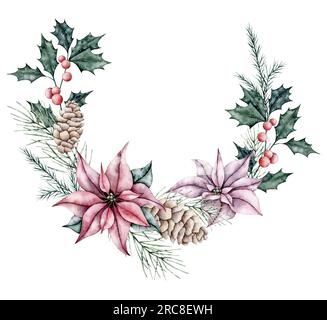 Corona natalizia di poinsettia, rami di ilex con bacche rosse e ramoscello di abete rosso, cono di pino. Emerald holly se ne va. Banner floreale botanico. Dipinto a mano Foto Stock