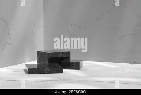 Parete in marmo grigio e podio in una stanza soleggiata. Rappresentazione 3D. Foto Stock