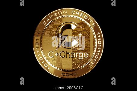 C caricare CCHG carburante EV cripto EV CCharge moneta dorata isolata su sfondo verde. Illustrazione 3d del concetto astratto. Foto Stock