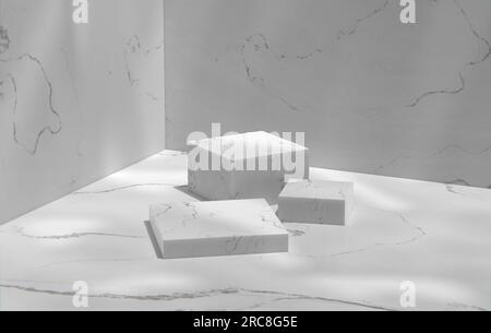 Parete in marmo grigio e podio in una stanza soleggiata. Rappresentazione 3D. Foto Stock