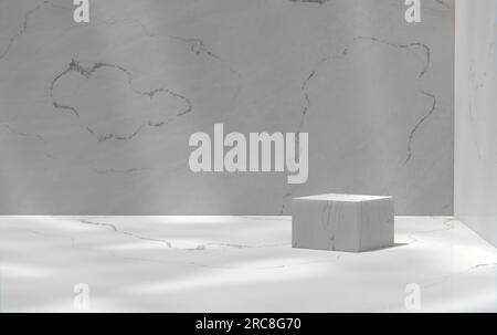 Parete in marmo grigio e podio in una stanza soleggiata. Rappresentazione 3D. Foto Stock
