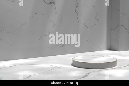 Parete in marmo grigio e podio in una stanza soleggiata. Rappresentazione 3D. Foto Stock