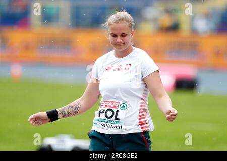 Chorzow, Polonia. 23 giugno 2023: La polacca Klaudia Kardasz reagisce durante il tiro femminile messo durante i Campionati europei di atletica leggera, i Giochi europei - giorno 4 allo stadio Slaski di Chorzow, Polonia. 23 giugno 2023. (Foto di Nikola Krstic/Alamy) Foto Stock