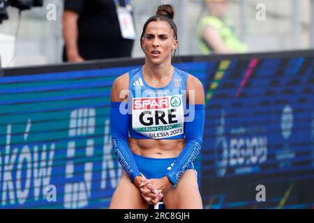 Chorzow, Polonia. 23 giugno 2023: La Grecia Erin Vasileiou reagisce durante la gara femminile dei 400 m durante i Campionati europei di atletica leggera a squadre, i Giochi europei - giorno 4 allo stadio Slaski di Chorzow, Polonia. 23 giugno 2023. (Foto di Nikola Krstic/Alamy) Foto Stock