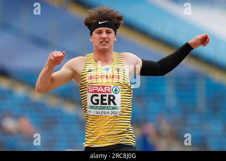 Chorzow, Polonia. 23 giugno 2023: Il tedesco Tim Lubbert reagisce nel salto triplo maschile durante i Campionati europei di atletica leggera, i Giochi europei - Day 4 allo Slaski Stadium di Chorzow, Polonia. 23 giugno 2023. (Foto di Nikola Krstic/Alamy) Foto Stock