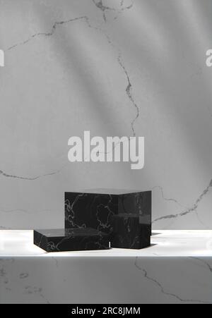 Parete in marmo grigio e podio in una stanza soleggiata. Rappresentazione 3D. Foto Stock