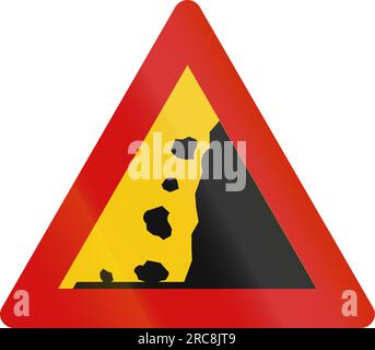 Cartello stradale in Islanda - le rocce che cadono da destra Foto Stock