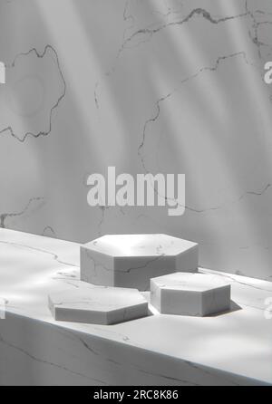 Parete in marmo grigio e podio in una stanza soleggiata. Rappresentazione 3D. Foto Stock