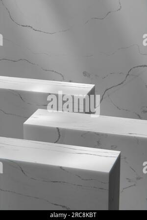 Parete in marmo grigio e podio in una stanza soleggiata. Rappresentazione 3D. Foto Stock