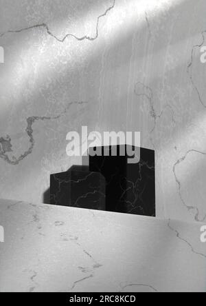 Parete in marmo grigio e podio in una stanza soleggiata. Rappresentazione 3D. Foto Stock