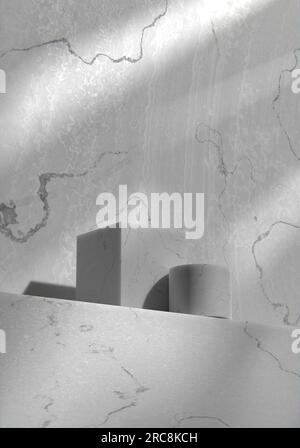 Parete in marmo grigio e podio in una stanza soleggiata. Rappresentazione 3D. Foto Stock