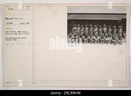 Immagine che mostra uno staff non commissionato dell'esercito regolare a Camp Devens ad Ayer, Massachusetts durante la prima guerra mondiale. I soldati fanno parte del programma R.O.T.C (Reserve Officers' Training Corps). L'immagine è stata scattata nel 1920. I soldati sono identificati come provenienti dal numero 69.224 di Bhas Holds, S.C. La foto è stata scattata da Pyt Peter Koester. Foto Stock