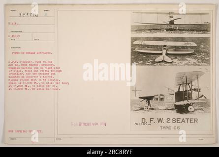 Tedesco D.F.W. 2 posti, tipo C5, identificato in questa fotografia. L'aereo ha un motore Bens da 225 hp, con un armamento costituito da una mitragliatrice Spandau sul lato destro del pilota, fissa e spara attraverso l'elica, e una mitragliatrice montata sulla torretta dell'osservatore. È in grado di salire fino a 13.000 piedi in 33 minuti e ha una velocità massima di 85 miglia all'ora a 16.000 piedi. Queste informazioni sono classificate come "solo per uso ufficiale". Foto Stock