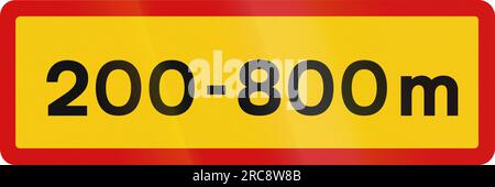 Pannello aggiuntivo per la segnaletica stradale islandese per specificare il significato di altri segnali: Da 200 a 800 metri. Foto Stock