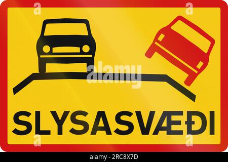 Segnaletica stradale supplementare con la dicitura in islandese: Area incidente Foto Stock