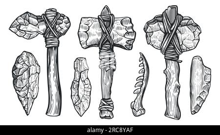 Strumenti e set di armi dell'età preistorica. Ascia di pietra di un uomo primitivo. Illustrazione del vettore di schizzo Illustrazione Vettoriale