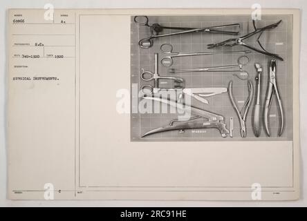 Immagine degli strumenti chirurgici utilizzati durante la prima guerra mondiale La fotografia è stata scattata da S.C. Reco nel 1920 e fa parte della collezione sulle attività militari americane durante la guerra. Gli strumenti visualizzano una varietà di strumenti chirurgici essenziali per le procedure mediche durante questo periodo di tempo. Foto Stock