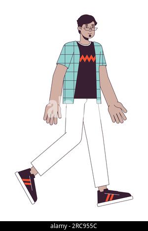 Uomo arabo con occhiali da vista che cammina con linea piatta e carattere vettoriale Illustrazione Vettoriale
