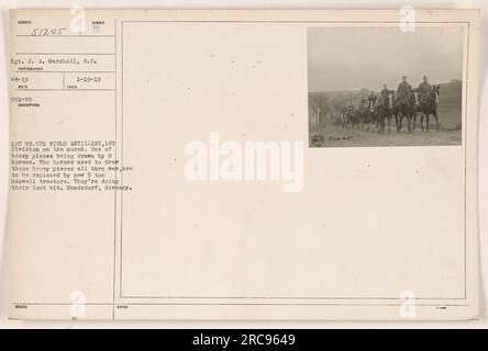 1st Battalion, 5th Field Artillery, 1st Division of the American Military Marching in Hundsdorf, Germania. L'immagine raffigura uno dei loro pezzi di artiglieria pesante trainato da otto cavalli. Questi cavalli furono presto sostituiti da nuovi trattori Maxwell da 5 tonnellate. La foto è stata scattata il 19 gennaio 1919 dal sergente J.A. Marshall. Foto Stock