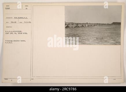 Soldati che partecipano alle attività R.O.T.C. a Camp Lee, Virginia, durante la prima guerra mondiale. Durante l'allenamento, vengono mostrati come tenda da rifugio. La foto è stata scattata l'11 luglio 1919 dal fotografo S.C. Warner. È contrassegnato con il simbolo "44HZ". Foto Stock