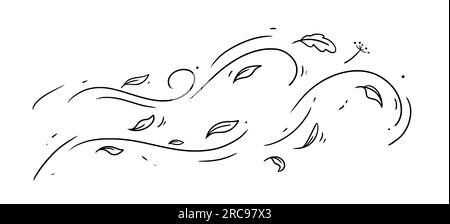 Set di schizzi per la linea di doodle del vento delle foglie. Movimento del vento a doodle disegnato a mano, soffiaggio ad aria, elementi che cadono dalle foglie. Disegnare aria, concetto autunnale di caduta. Illustrazione vettoriale isolata. Illustrazione Vettoriale