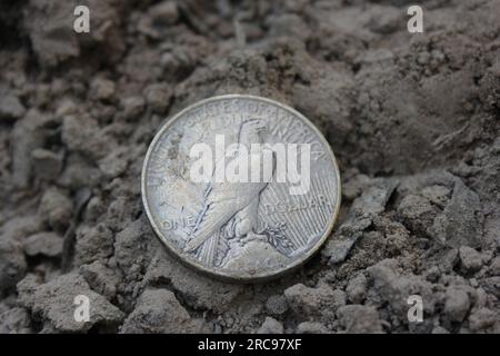 1922 Silver Peace Dollar on Ground in Dirt. Indietro Foto Stock