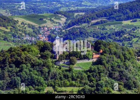 Luftaufnahme der Starkenburg a Heppenheim an der Bergstraße, UNESCO-Global-Geopark Bergstraße-Odenwald, Assia, Odenwald, Süddeutschland, Deutschland Foto Stock