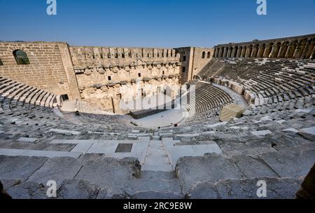 DAS antike roemische Theater von Aspendos, Aspendos Ancient City, Antalya, Tuerkei |l'antico teatro romano di Aspendos, Aspendos Ancient City, A Foto Stock