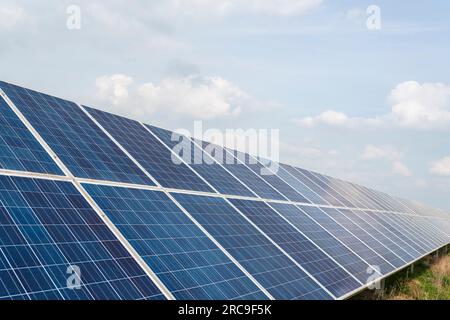 Una banca di grandi pannelli solari come parte di una fattoria solare su terreni agricoli nel Gloucestershire, in Inghilterra Foto Stock