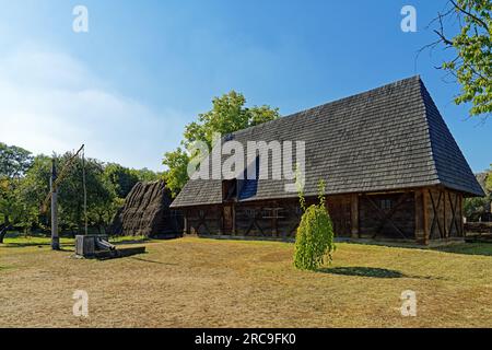 Freilichtmuseum, Bauernhofmuseum, Skanzen, Szentendrei Szabadtéri Néprajzi Múzeum, Häuser, Regione Tisza, Theiß, Ziehbrunnen Foto Stock