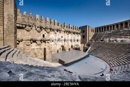 DAS antike roemische Theater von Aspendos, Aspendos Ancient City, Antalya, Tuerkei |l'antico teatro romano di Aspendos, Aspendos Ancient City, A Foto Stock