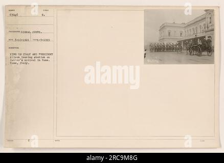 Re d'Italia e il presidente Wilson hanno immaginato di lasciare una stazione a Roma durante la visita di quest'ultimo in città. La foto è stata scattata il 10 marzo 1921 da un fotografo del Signal Corps. L'immagine è numerata 63046 nella collezione di fotografie che catturano le attività militari americane durante la prima guerra mondiale Foto Stock