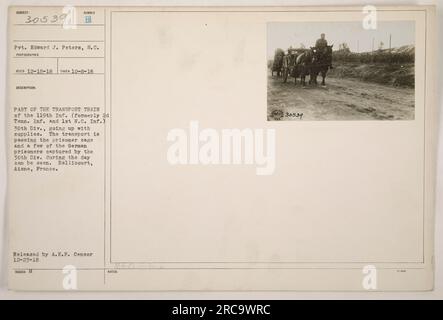 Didascalia: Il Pvt. Edward J. Peters è raffigurato qui come parte del treno di trasporto del 119th Inf. Passare la gabbia dei prigionieri con i prigionieri tedeschi. Questa foto è stata scattata l'8 ottobre 1916 a Bellicourt, Aisne, in Francia, dal fotografo S.C. Rilasciato da A.E.F. Censura il 23 dicembre 1916. Foto Stock