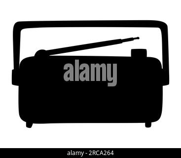 Silhouette nera di una cassetta radio degli anni '90, icona e logo della radio, illustrazione vettoriale isolata su sfondo bianco Illustrazione Vettoriale