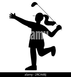 La silhouette nera di una golfista femminile colpisce spazzare e mantenere il campo da golf in estate per il tempo del relax, vettore sportivo femminile isolato su chi Illustrazione Vettoriale