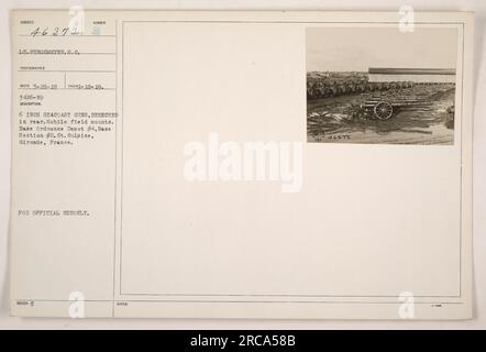 Le pistole da 6 pollici per litorale con bretelle nella parte posteriore sono mostrate sui supporti mobili da campo presso il base Ordnance Depot n. 4 nella sezione base n. 2, St. Sulpice, Gironde, Francia. Questa fotografia è accreditata a LT. STROHMEYER.S.C., scattato il 18 gennaio 1919 e riconosciuto dal fotografo RECO il 29 marzo 1919. L'immagine ha il numero di descrizione 3426-N9 e le note indicano che è esclusivamente per uso ufficiale. Foto Stock