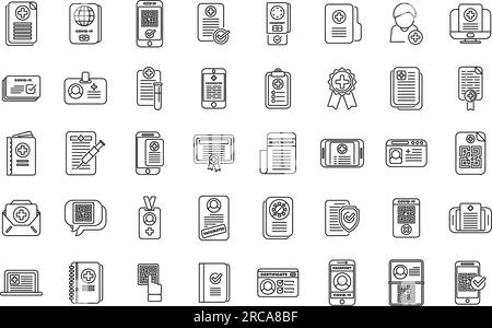 Le icone del passaporto sanitario impostano il vettore di contorno. Vaccino covid. Test medico corona Illustrazione Vettoriale
