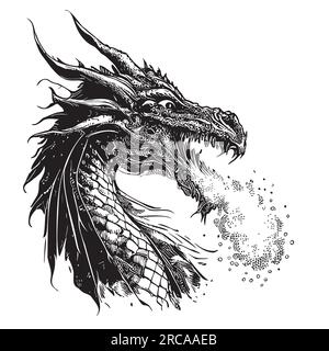 Disegno mistico del drago che respira il fuoco disegnato in stile doodle Illustrazione Vettoriale