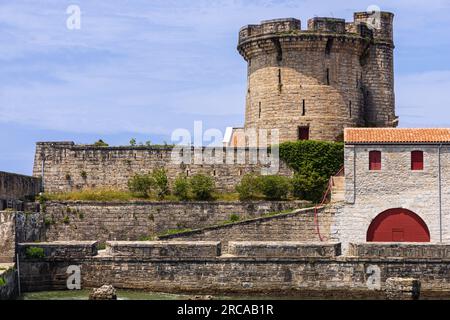 Fort de Socoa, storica fortezza costiera difensiva che protegge la baia di Saint-Jean-de-Luz e il porto, con una torre circolare. Ciboure, Francia Foto Stock