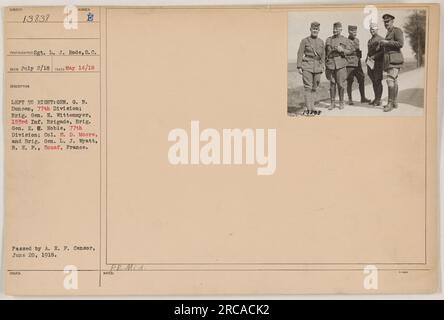 Da sinistra a destra: Generale G.B. Duncan della 77th Division, generale di brigata E. Wittenmyer della 153rd Infantry Brigade, generale di brigata R.E. Nobile della 77a Divisione, colonnello S.D. Moore, e il generale di brigata L.J. Wyatt del B.E.P. di Zouaf, Francia. Fotografia scattata il 14 maggio 1918 dal sergente L.J. Rode della S.C. Approvato da A.E.F. Censor il 20 giugno 1918. Foto Stock