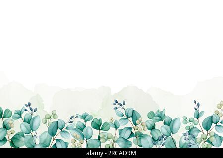 Bordo orizzontale dei rami di eucalipto. Illustrazione botanica acquerello per la progettazione di inviti, biglietti, congratulazioni, annunci, vendita Foto Stock